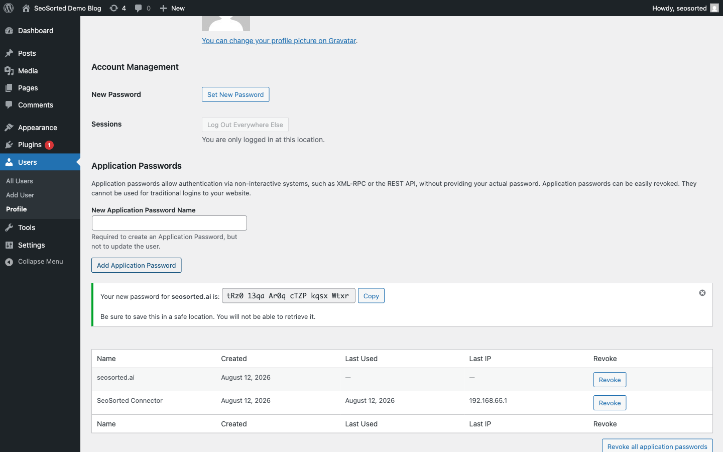 WordPress showing a newly generated application password in six groups of four characters, with a Copy button
