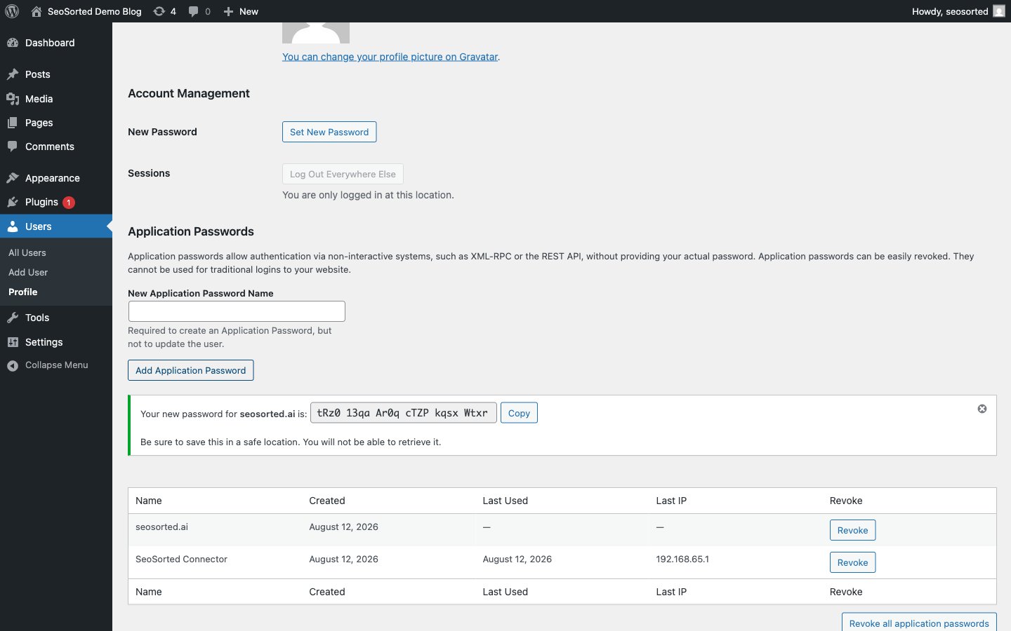 WordPress showing a newly generated application password in six groups of four characters, with a Copy button
