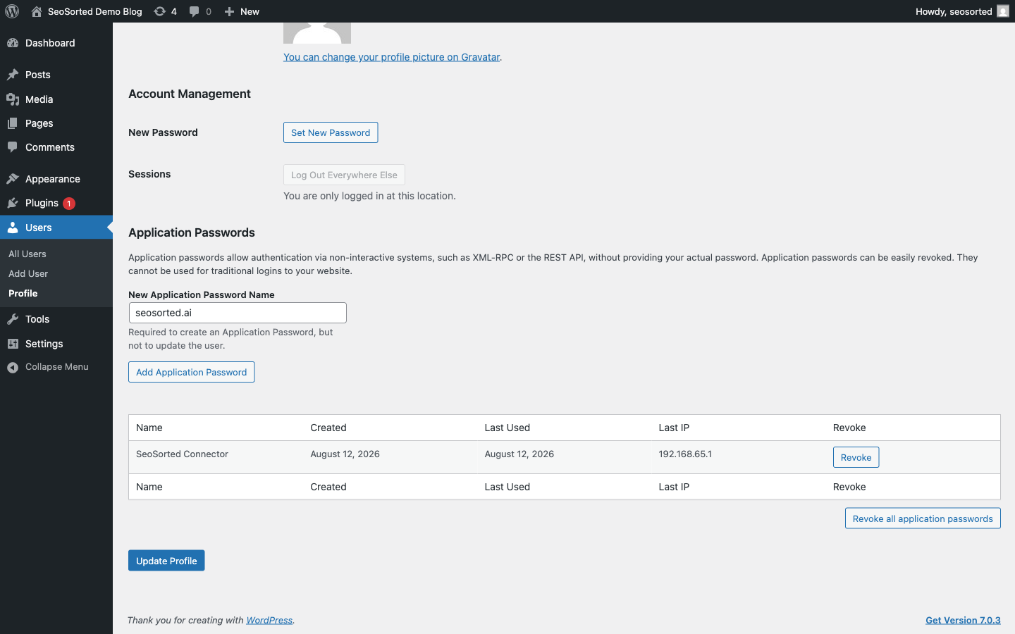 The Application Passwords section of the WordPress profile screen with a name field and Add Application Password button