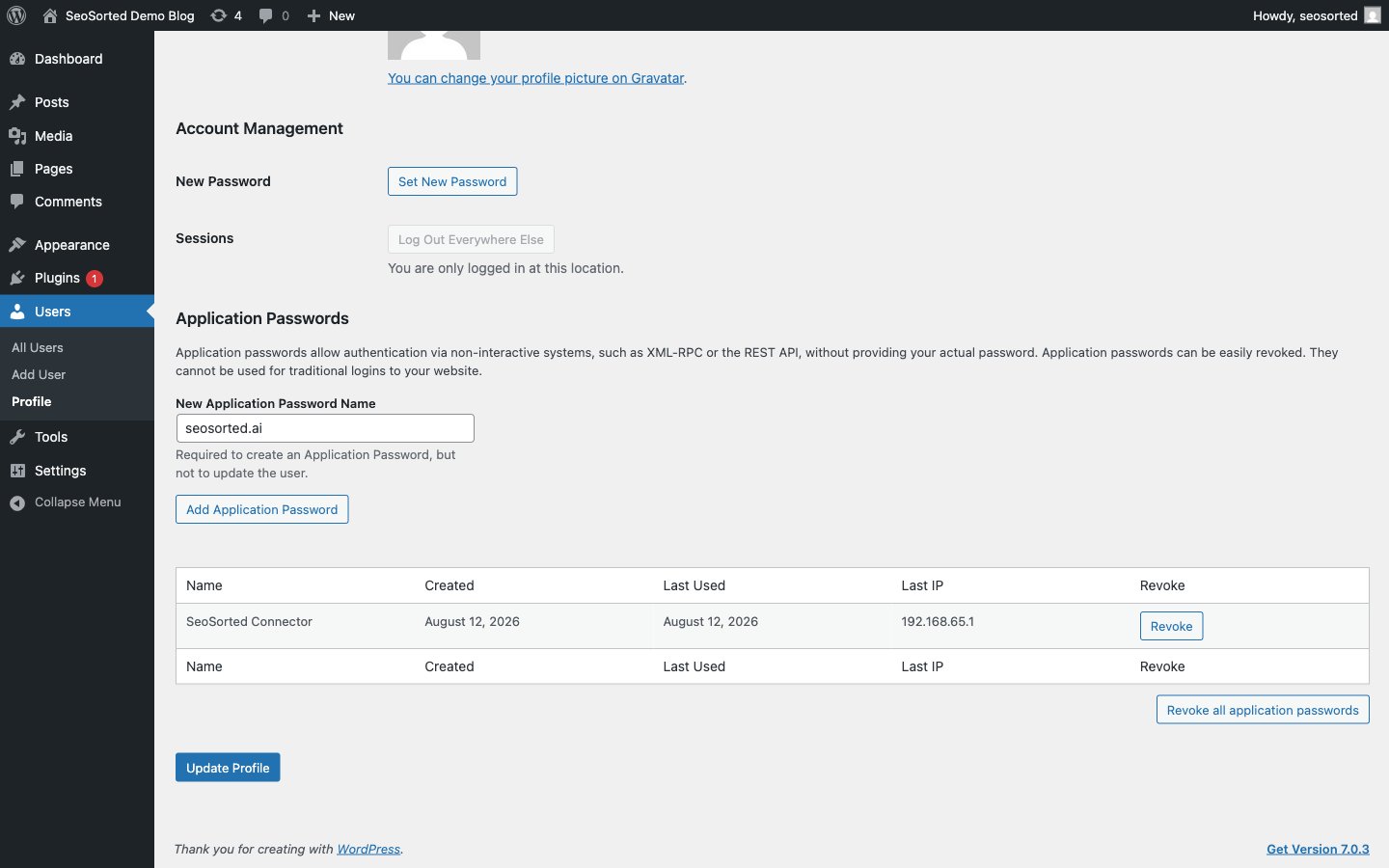 The Application Passwords section of the WordPress profile screen with a name field and Add Application Password button