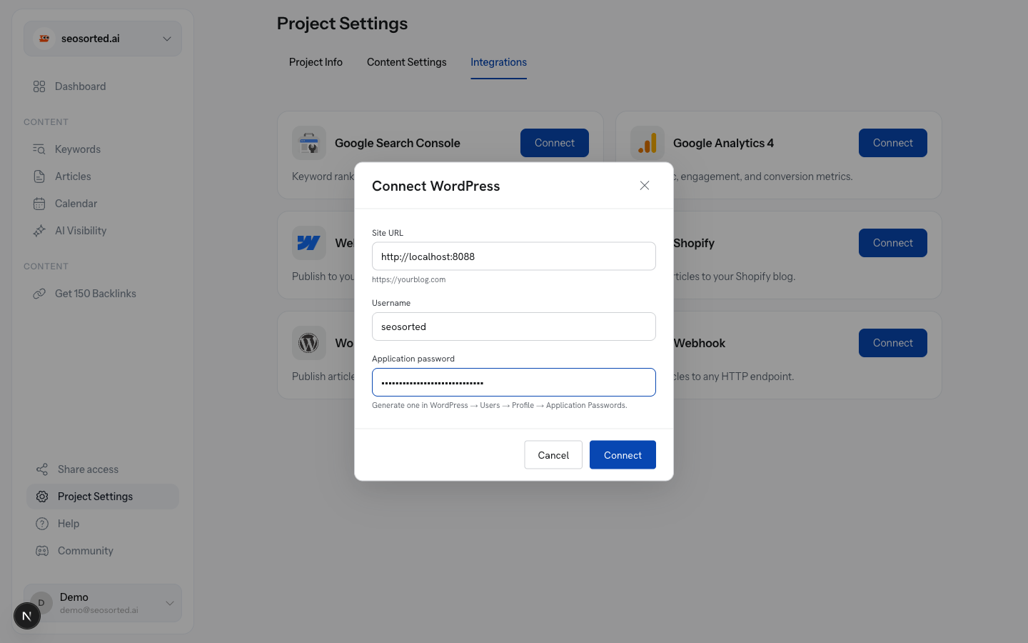 Connect WordPress dialog filled with a site URL, username and masked application password