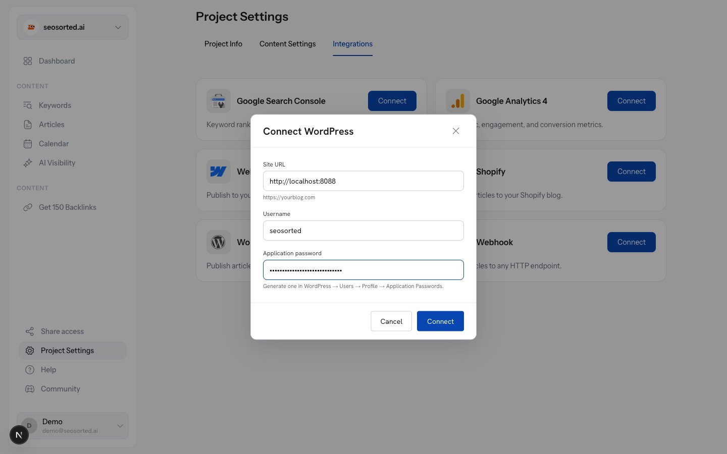 Connect WordPress dialog filled with a site URL, username and masked application password