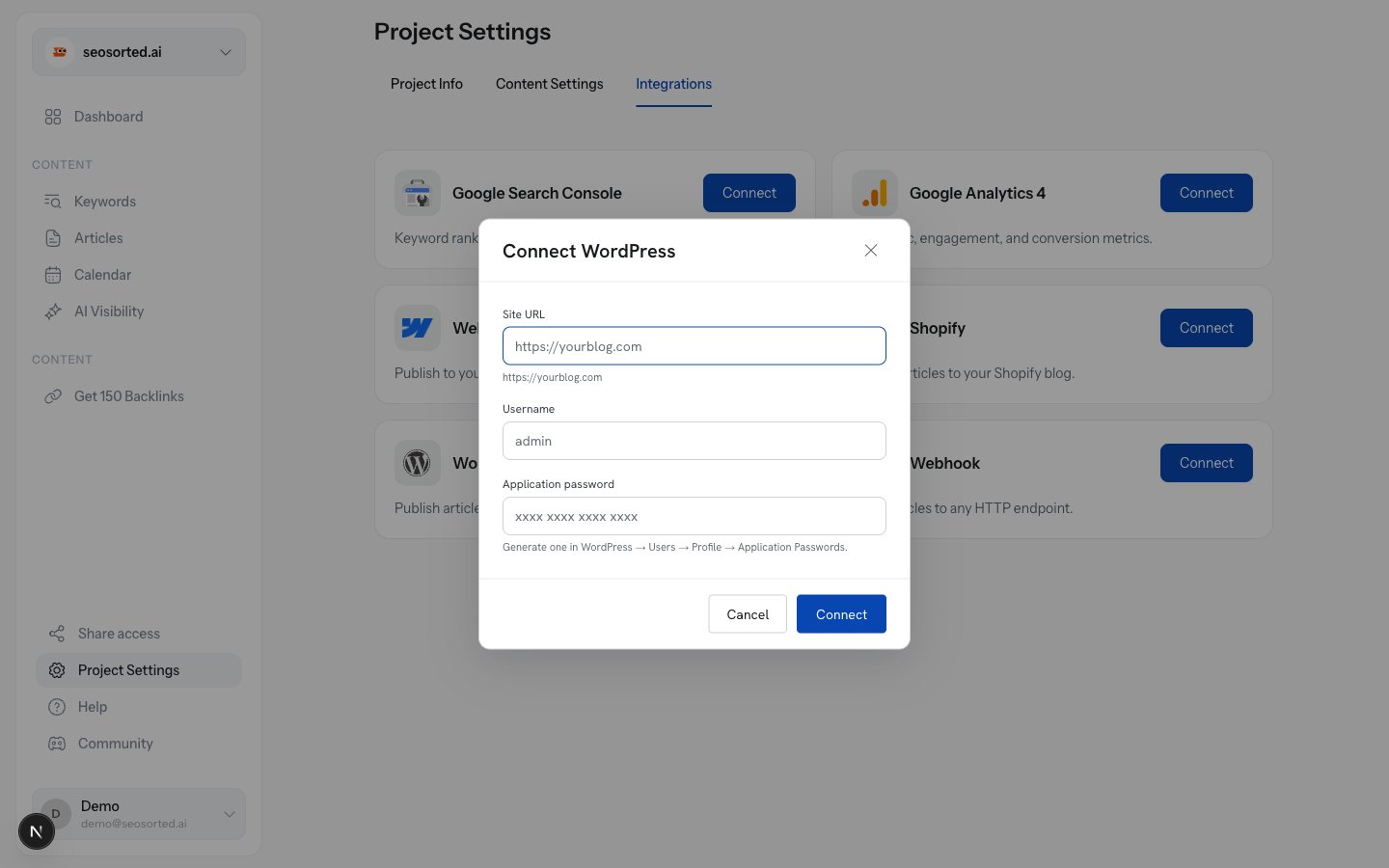 Connect WordPress dialog with fields for Site URL, Username and Application password