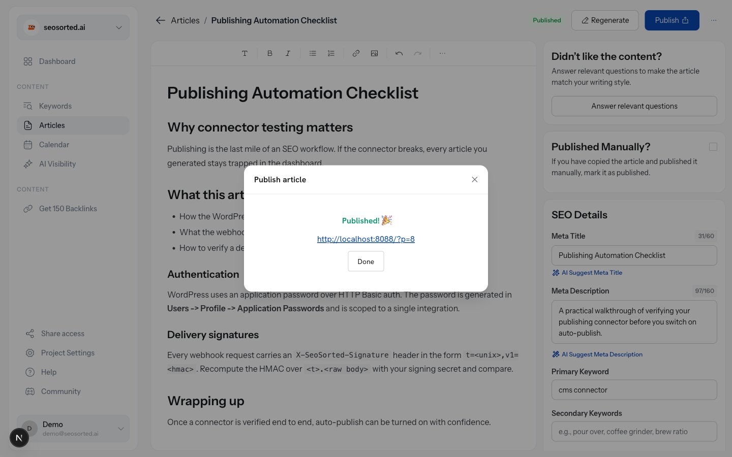 Publish dialog showing Published with a link to the new WordPress post