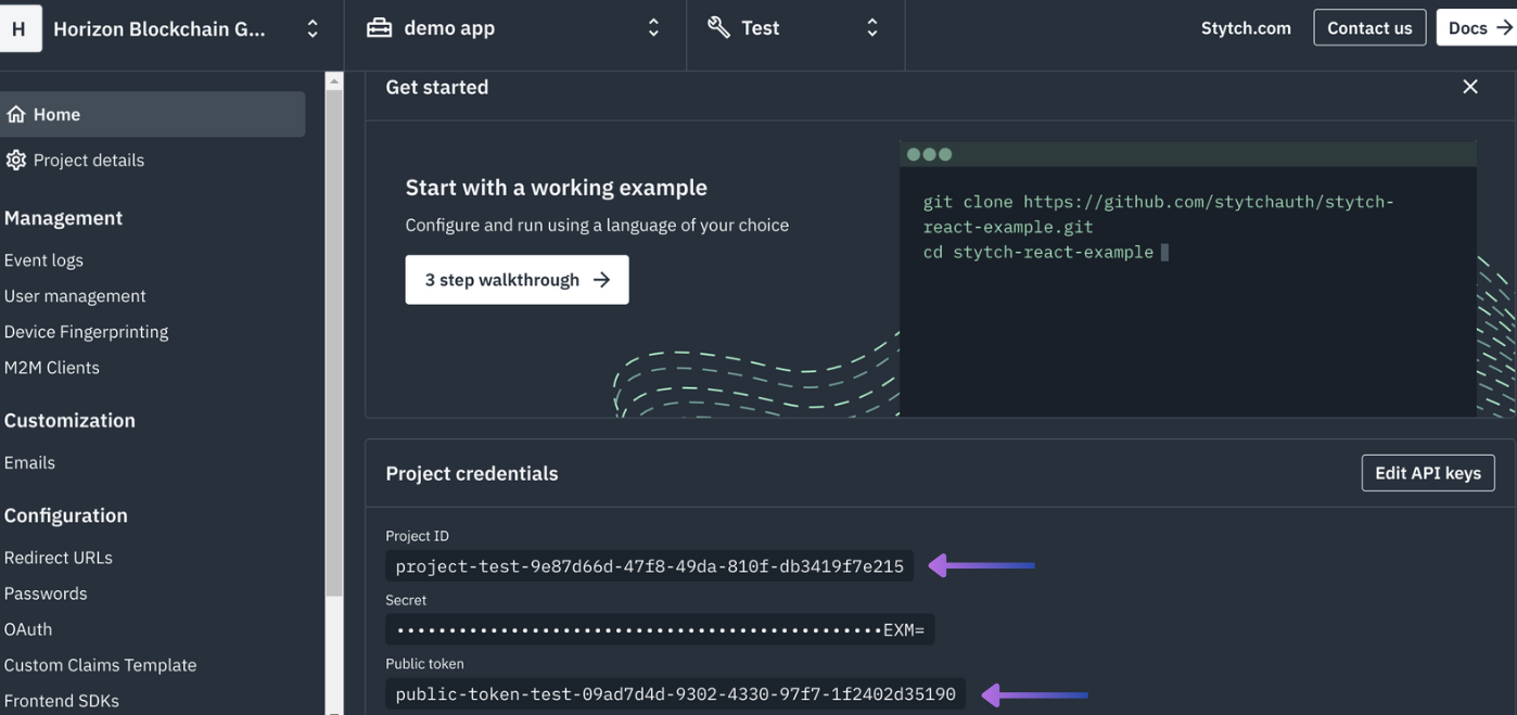 Project IDとStytch Public Tokenの取得
