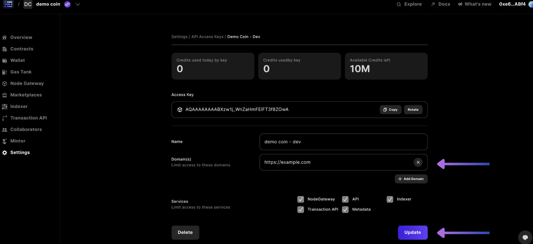 Builder settings API Access Keys add domains