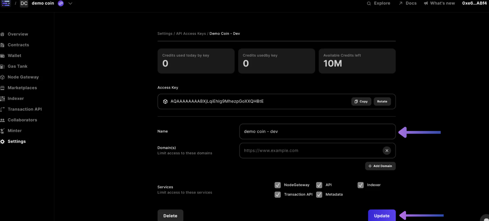 Builder settings API Access Keys rename key