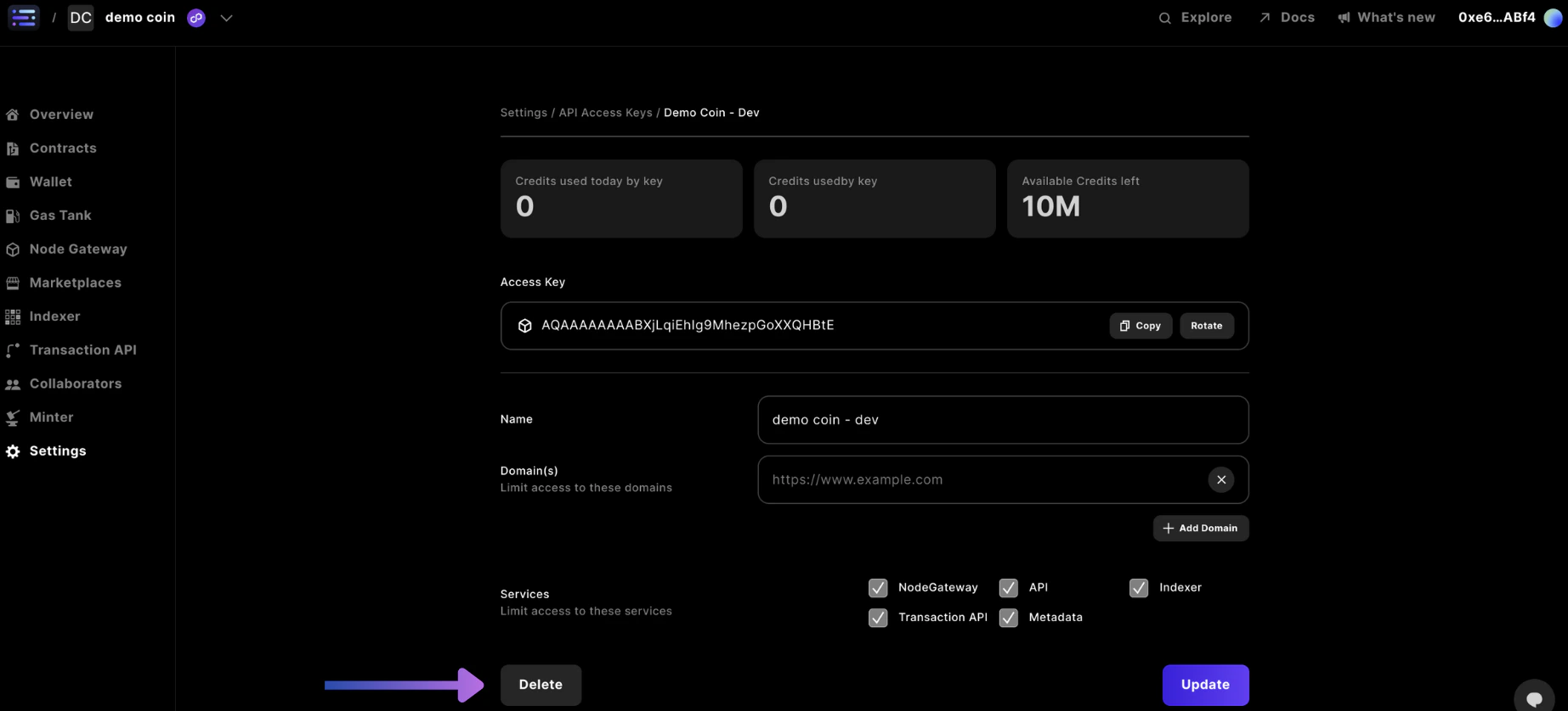 Builder settings API Access Keys delete key