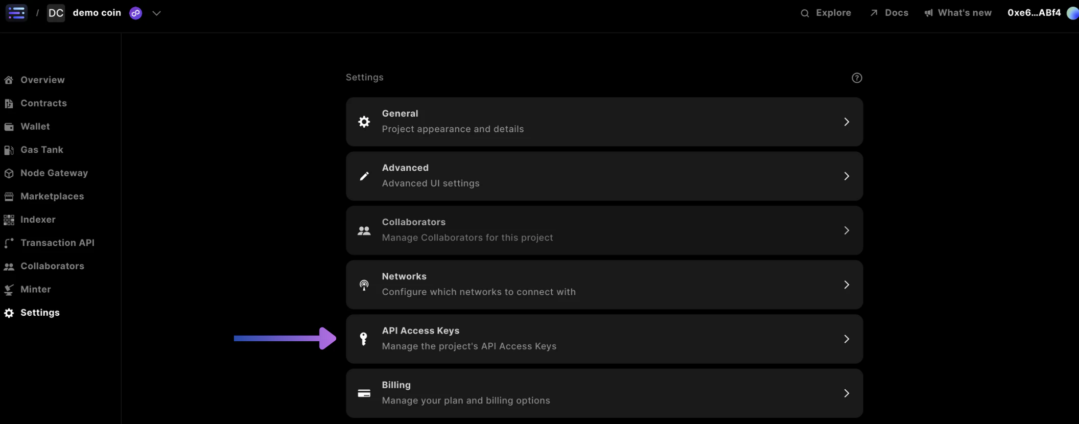 Builder settings select API Access Keys
