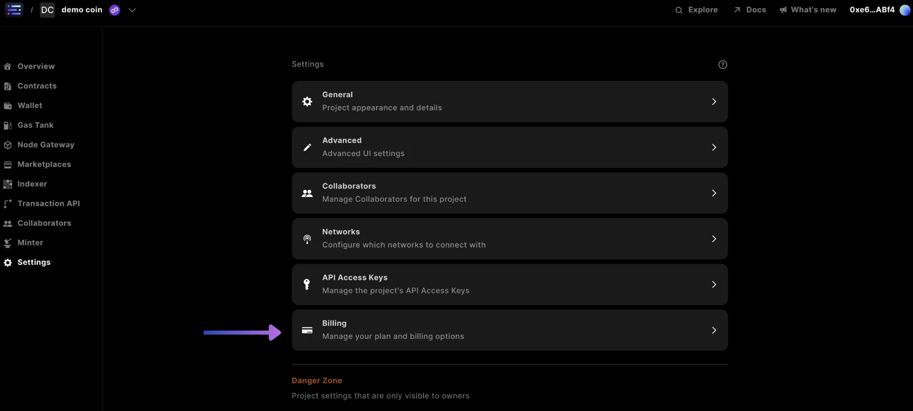 Builder settings select Billing