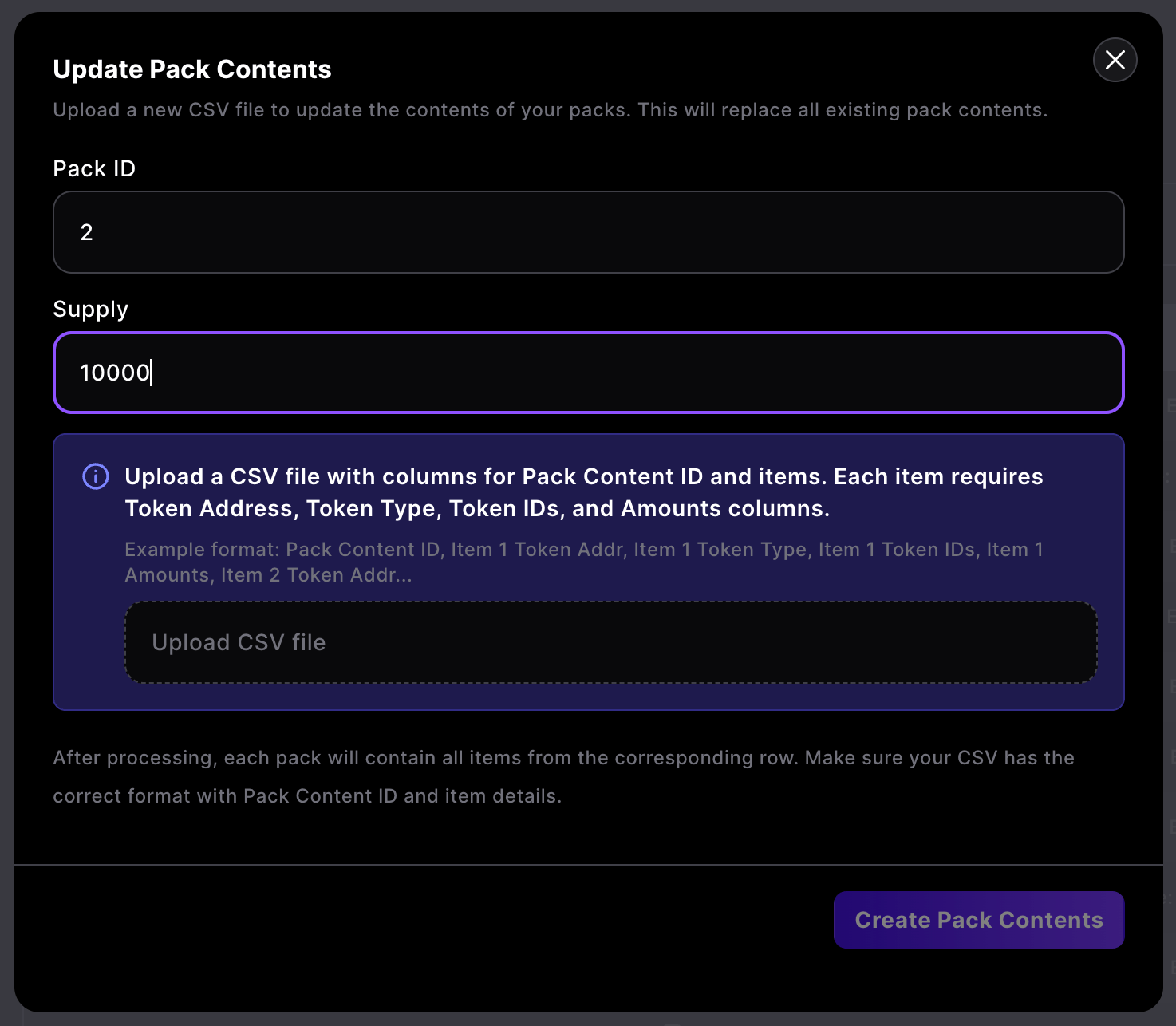 Upload CSV for pack contents