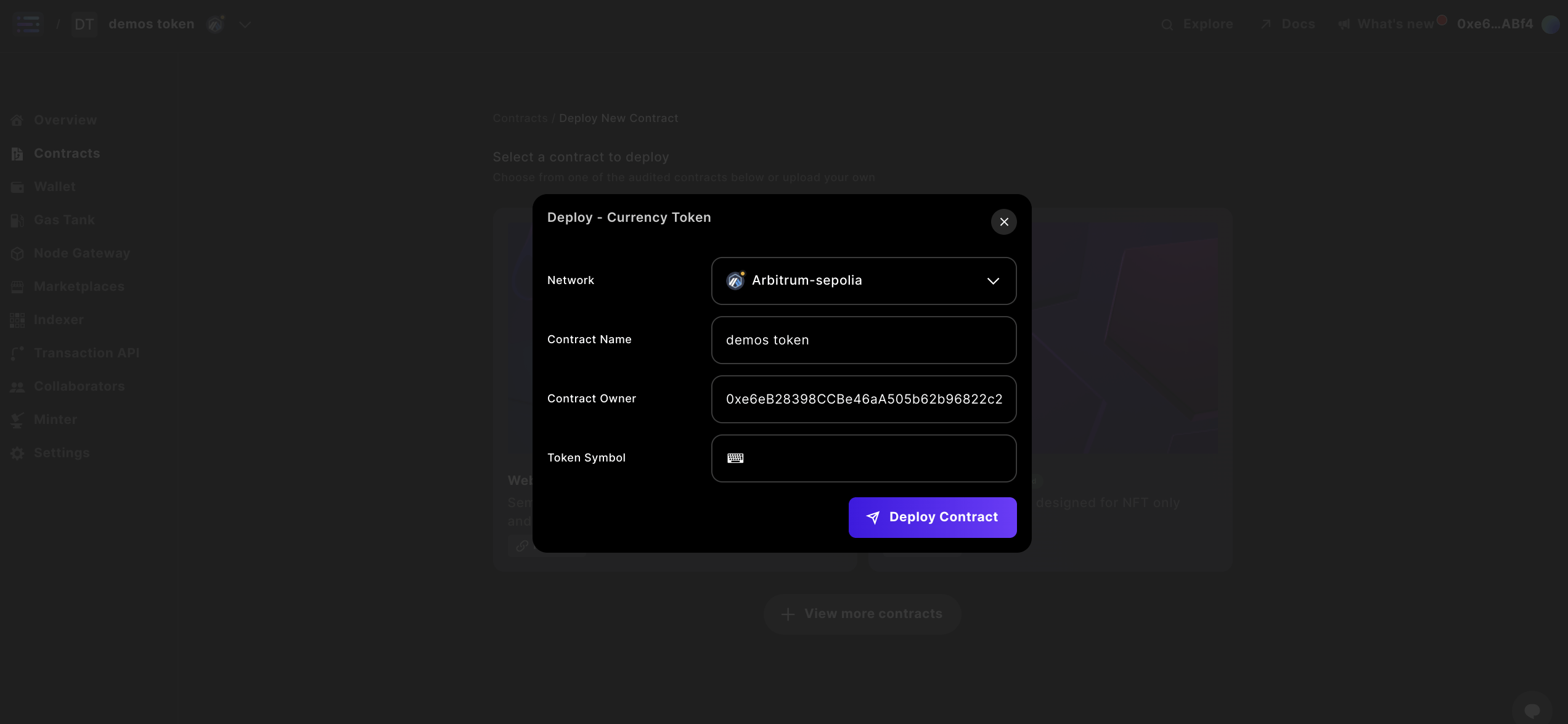 select currency and deploy button