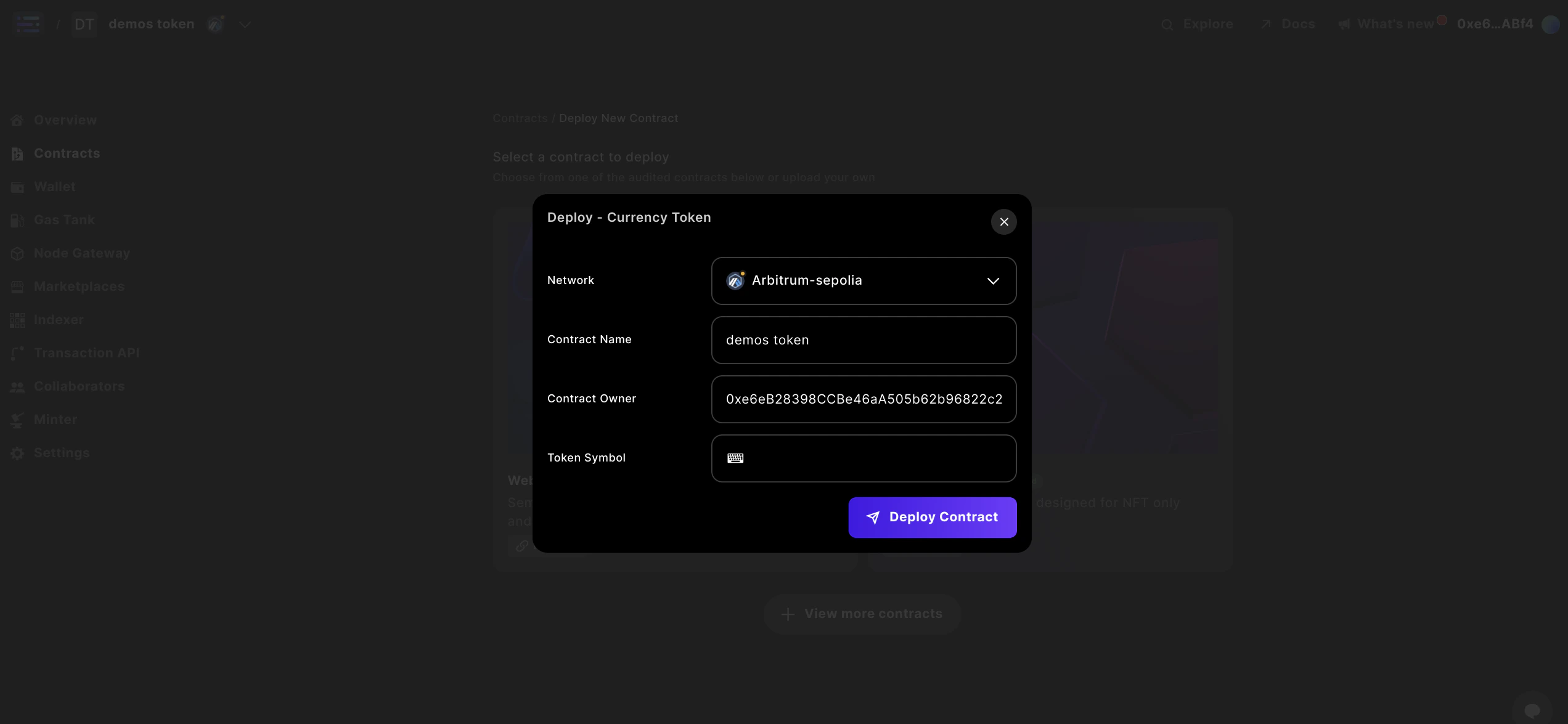 seleccionar currency y botón de deploy