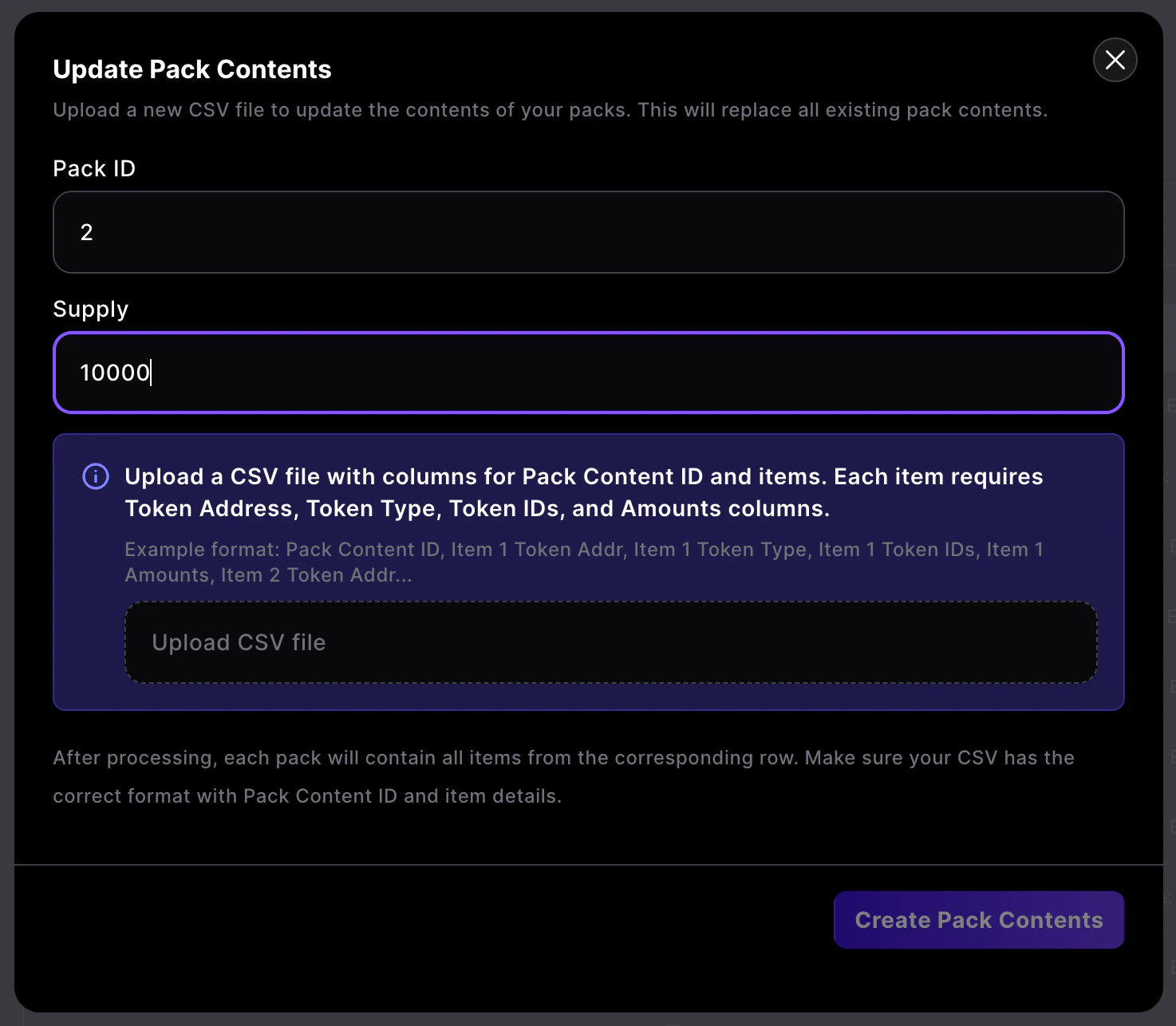 Upload CSV for pack contents