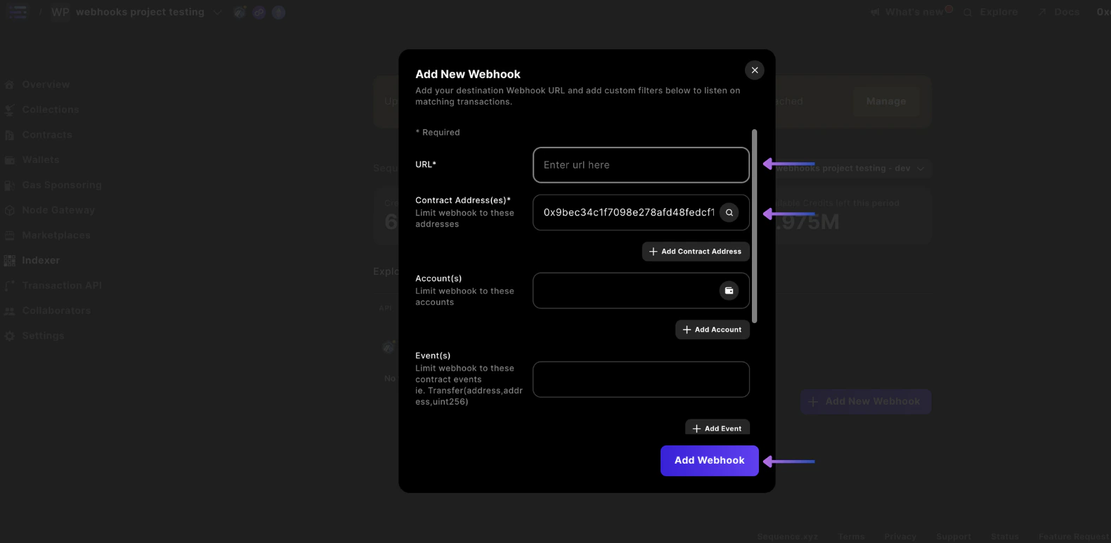 Webhookの詳細を入力して追加