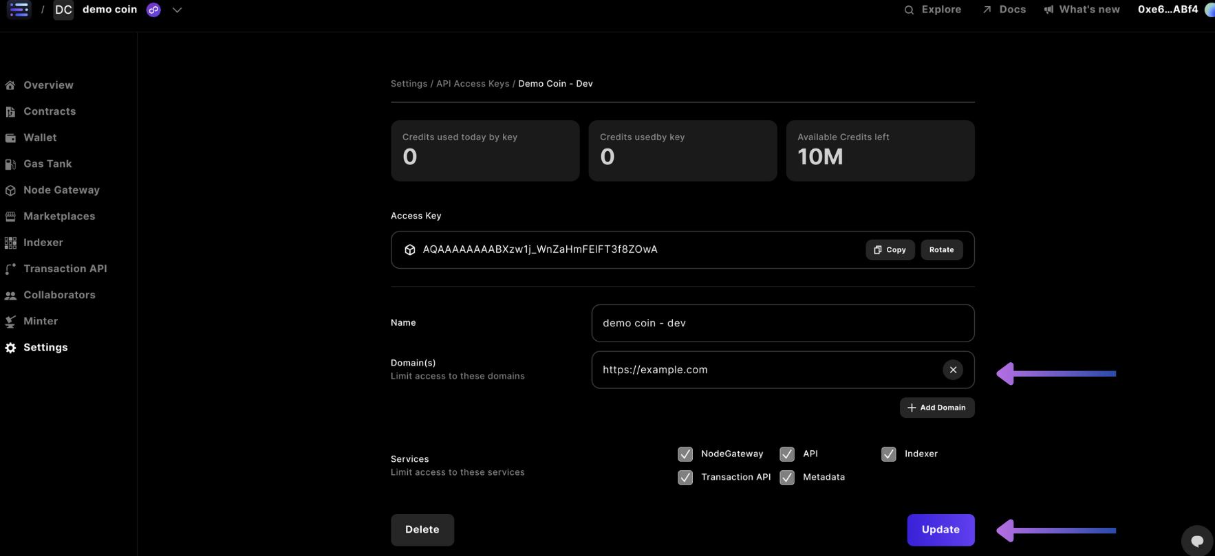 Builder settings API Access Keys add domains