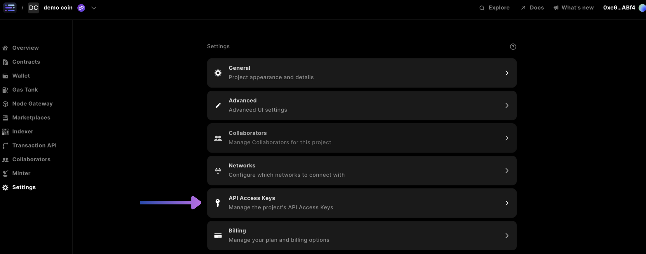 Builder settings select API Access Keys
