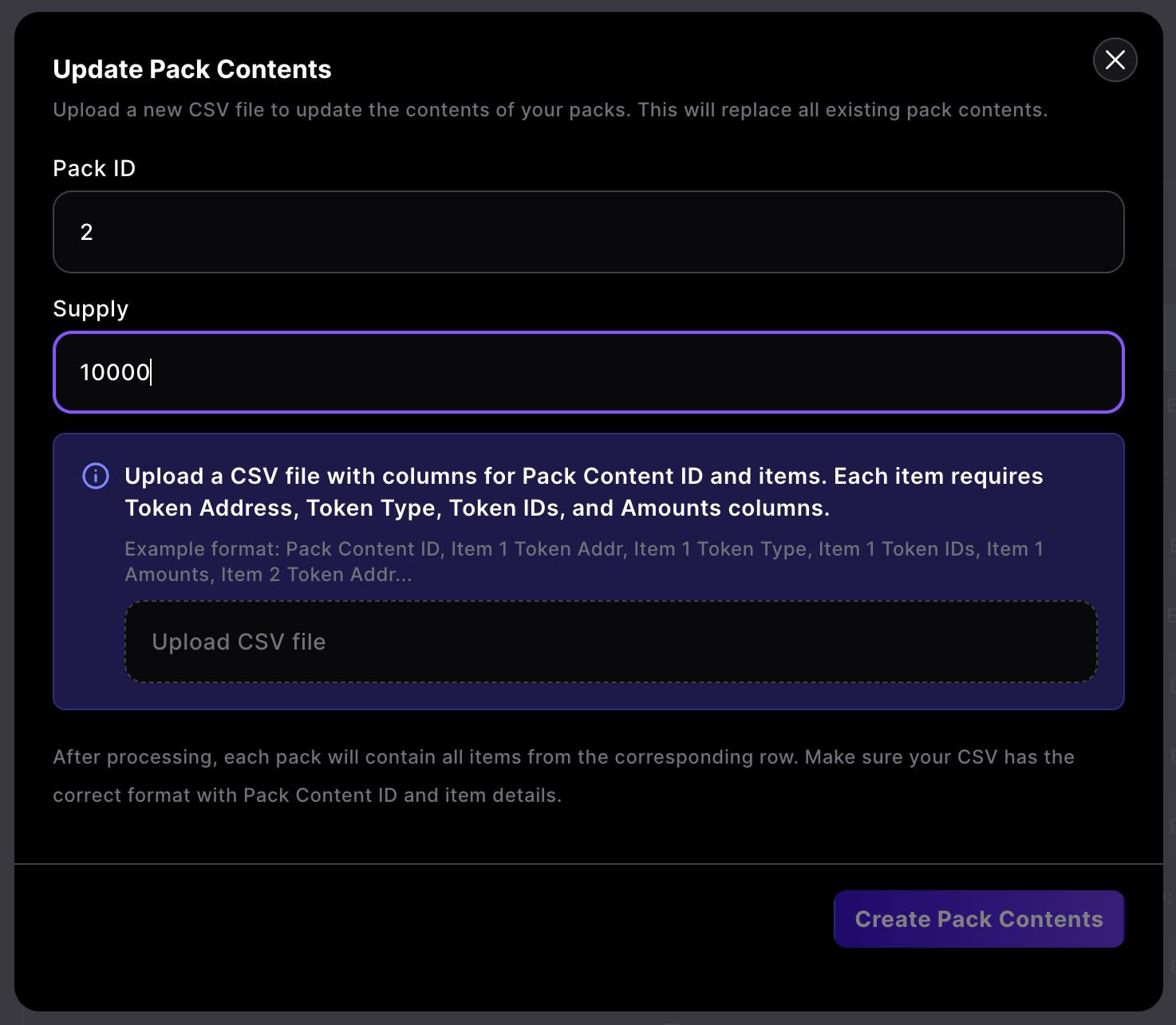 Upload CSV for pack contents