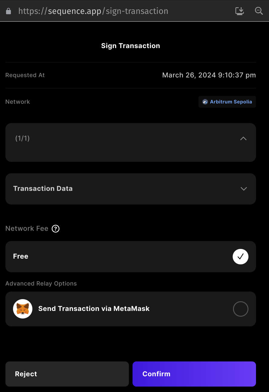 Despliegue su contrato firmando el mensaje en la ventana emergente desde la Sequence Wallet