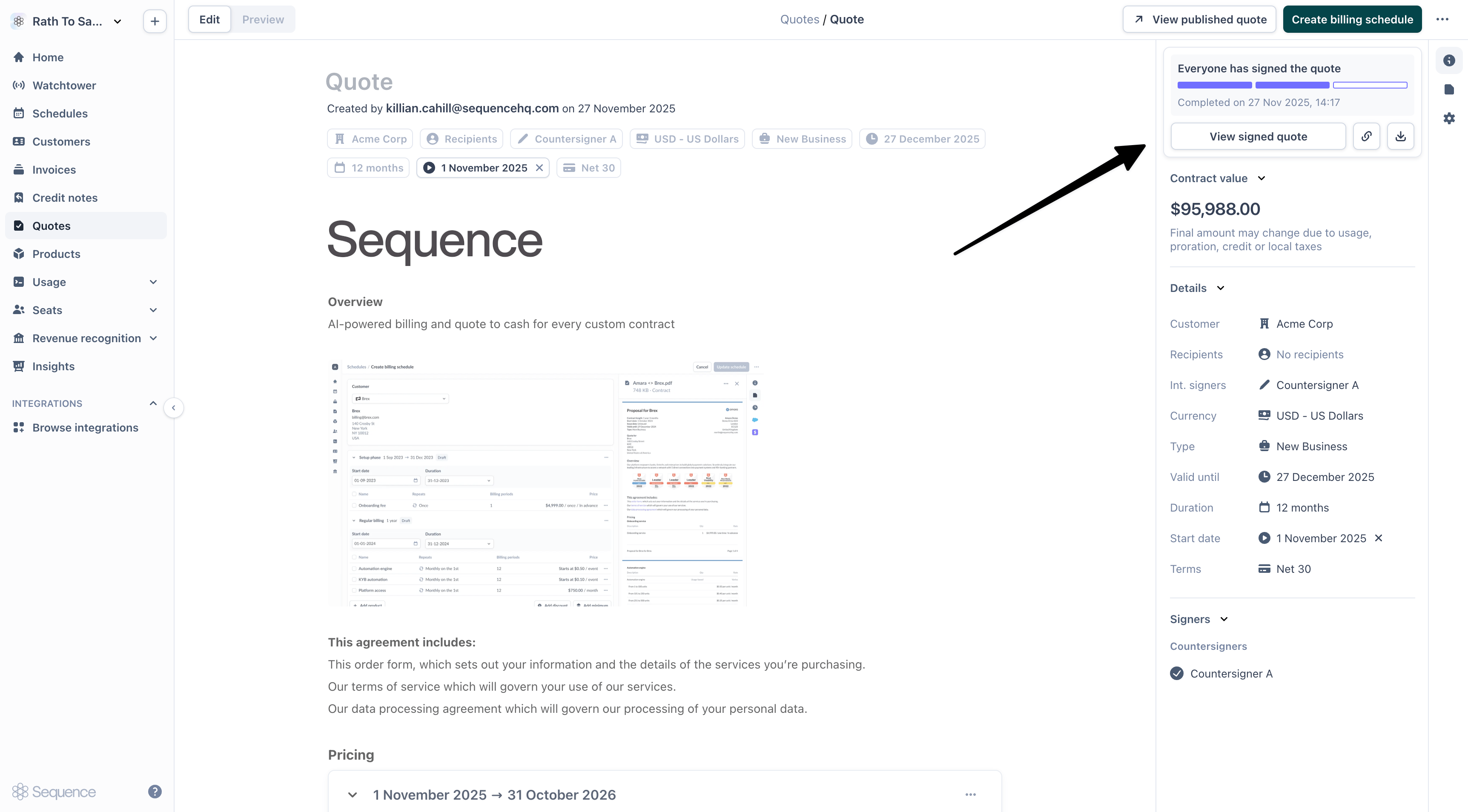 Signed quote dashboard