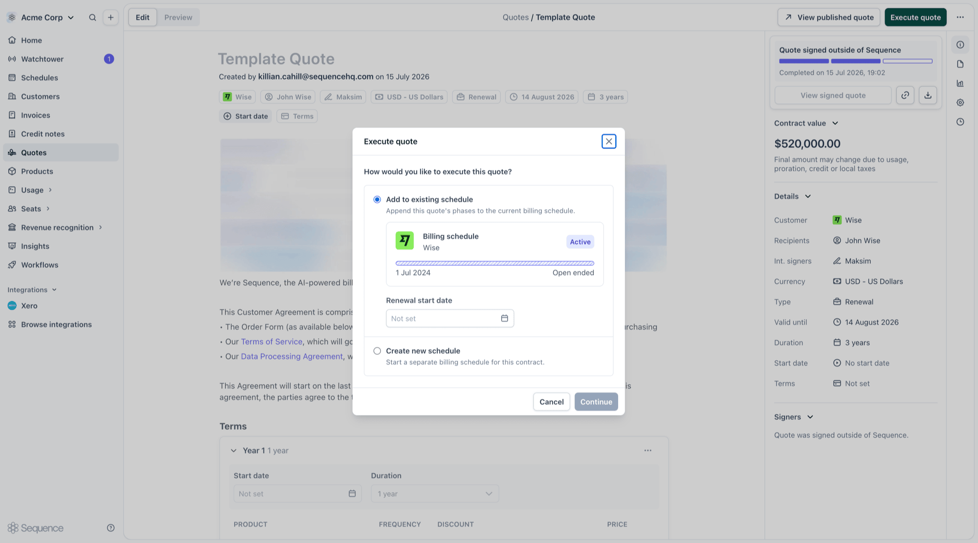 Choosing to add the renewal to an existing schedule and setting the renewal start date
