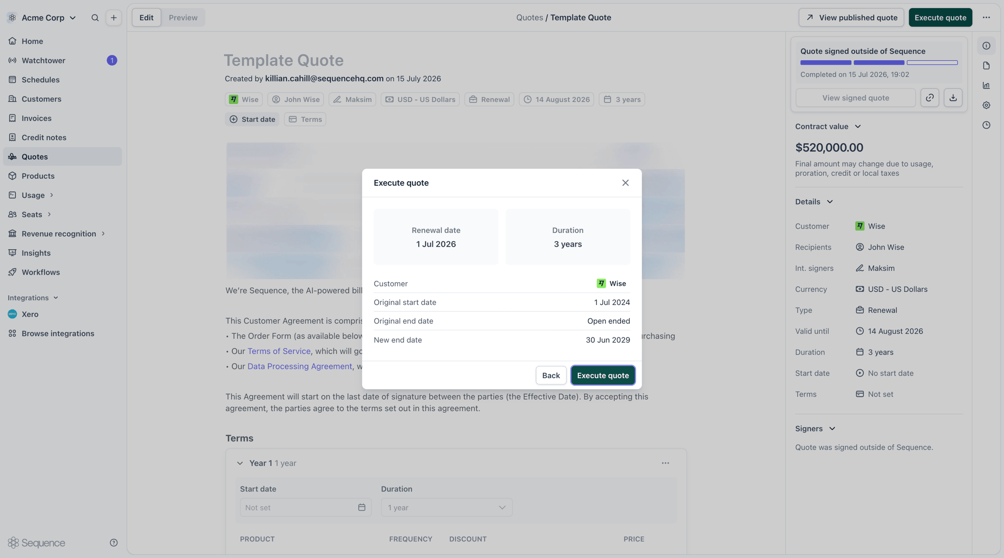 Reviewing the renewal date, duration and new end date before executing