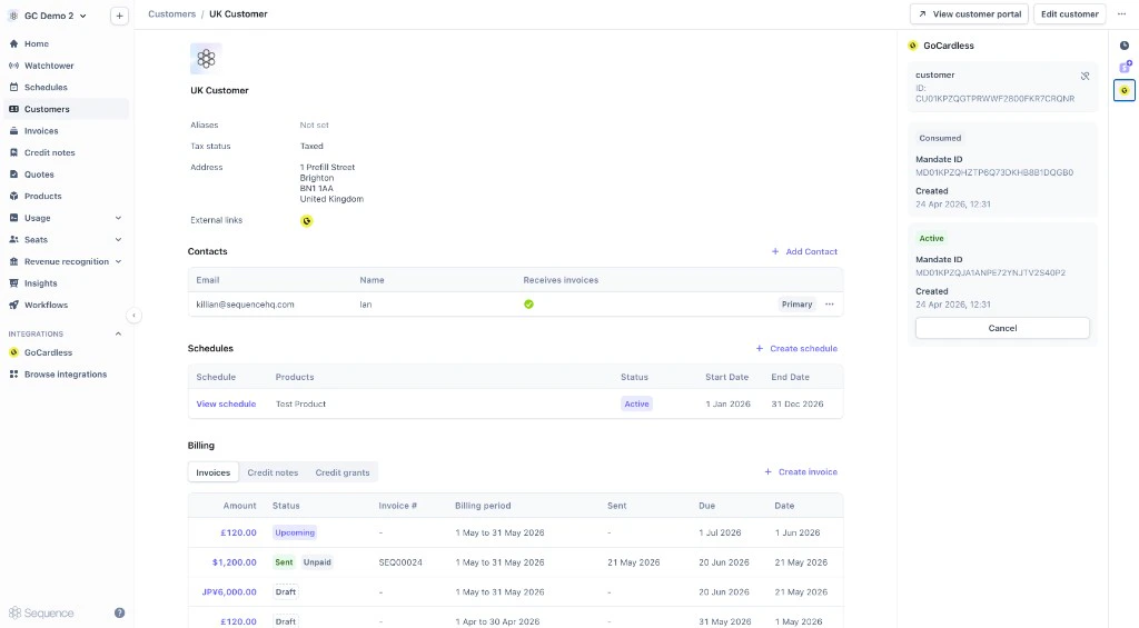 GoCardless customer ID and mandates on a customer in Sequence