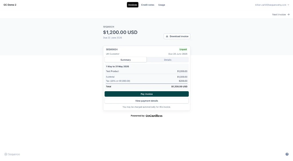 Customer portal with a Pay invoice button