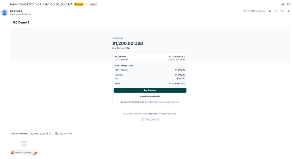 Invoice email with a link to the customer portal