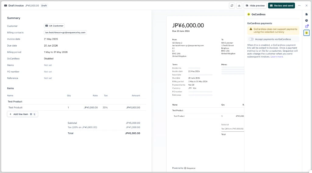 GoCardless disabled because the invoice currency is not supported