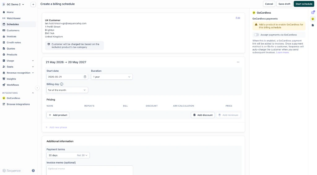 Add a product before enabling GoCardless on a billing schedule