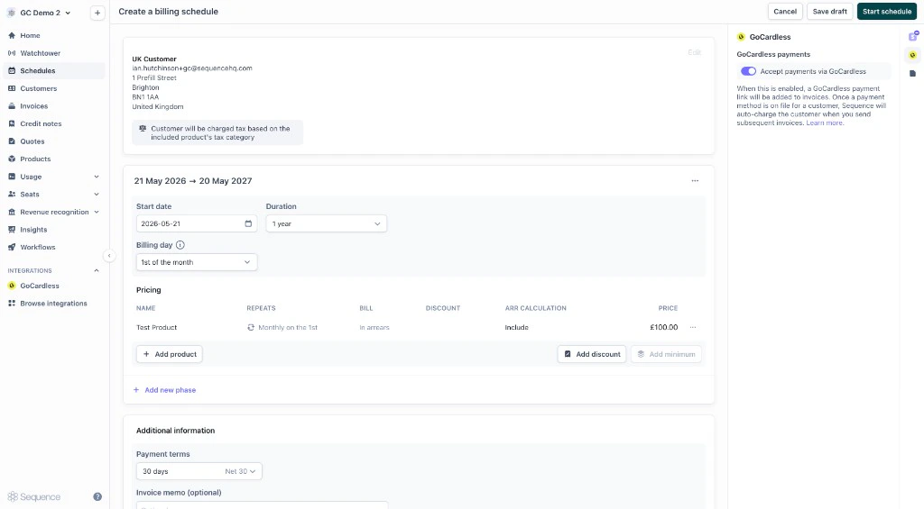 GoCardless enabled on a billing schedule