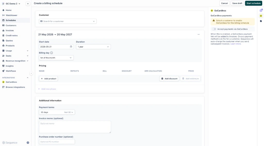 Select a customer before enabling GoCardless on a billing schedule