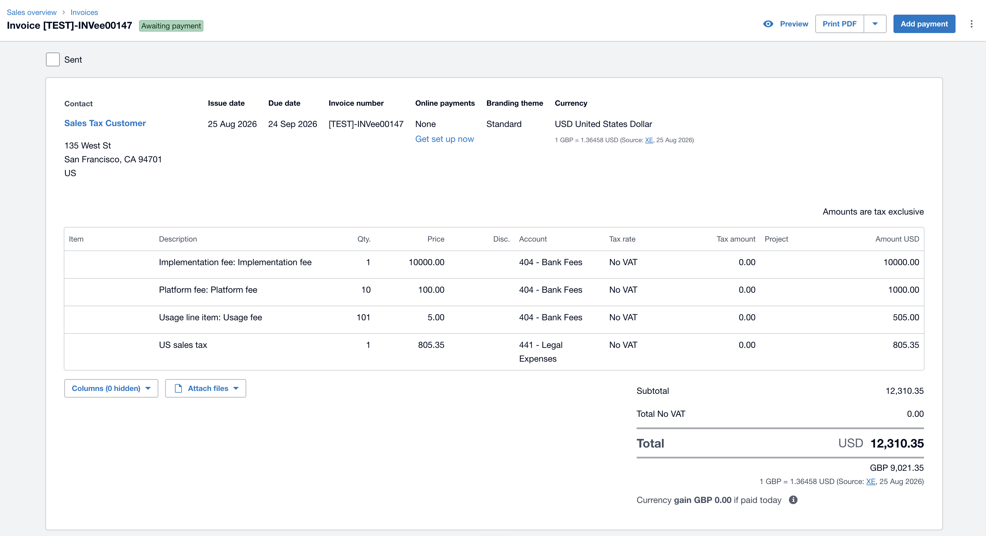 Invoice in Xero showing a synthetic US sales tax line item