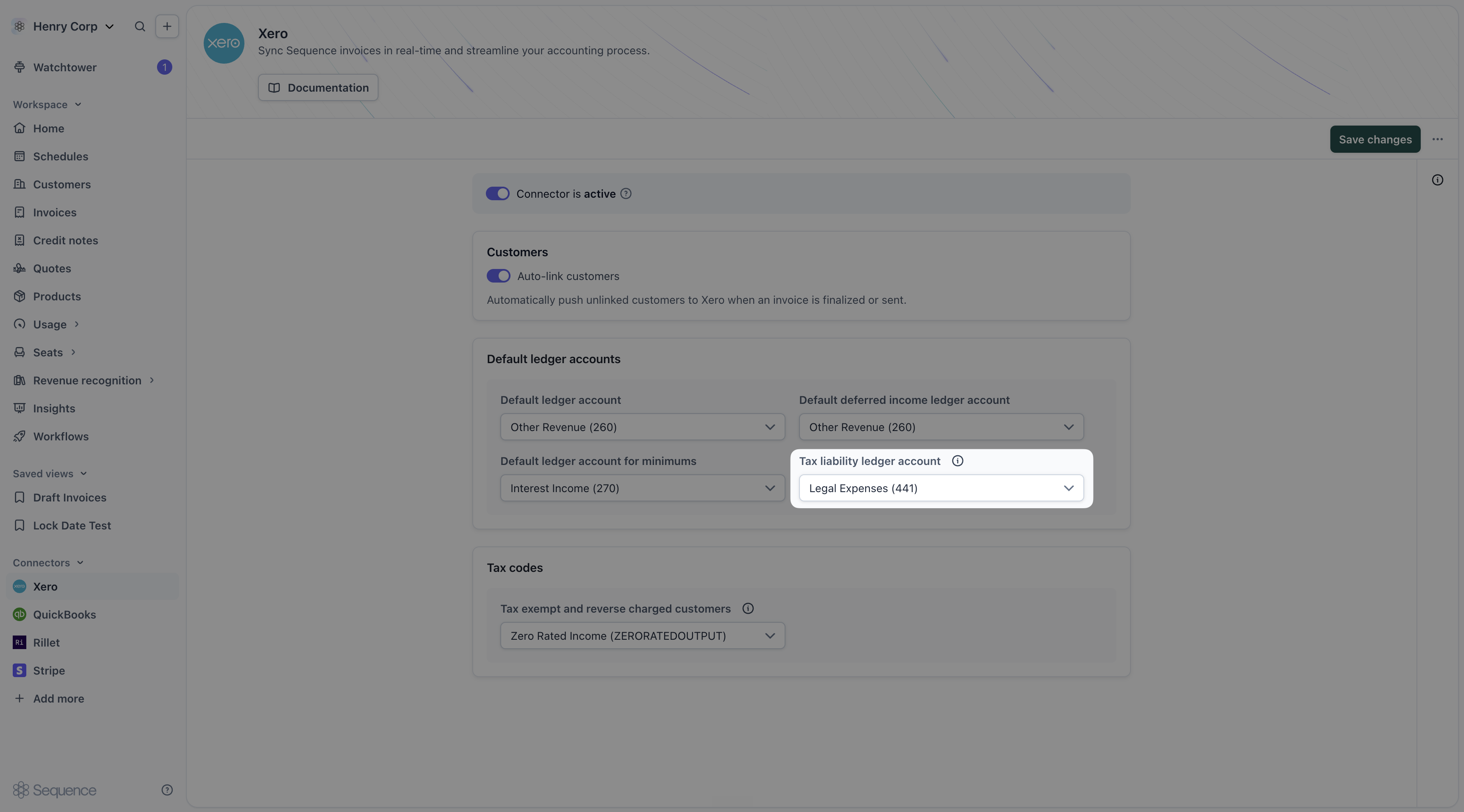Tax liability ledger account setting on the Xero connector