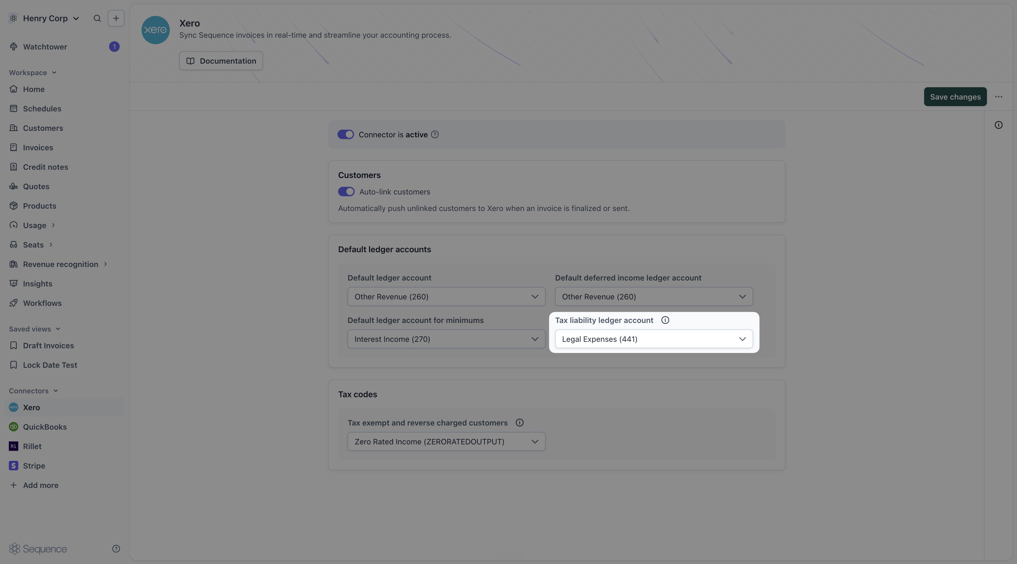 Tax liability ledger account setting on the Xero connector