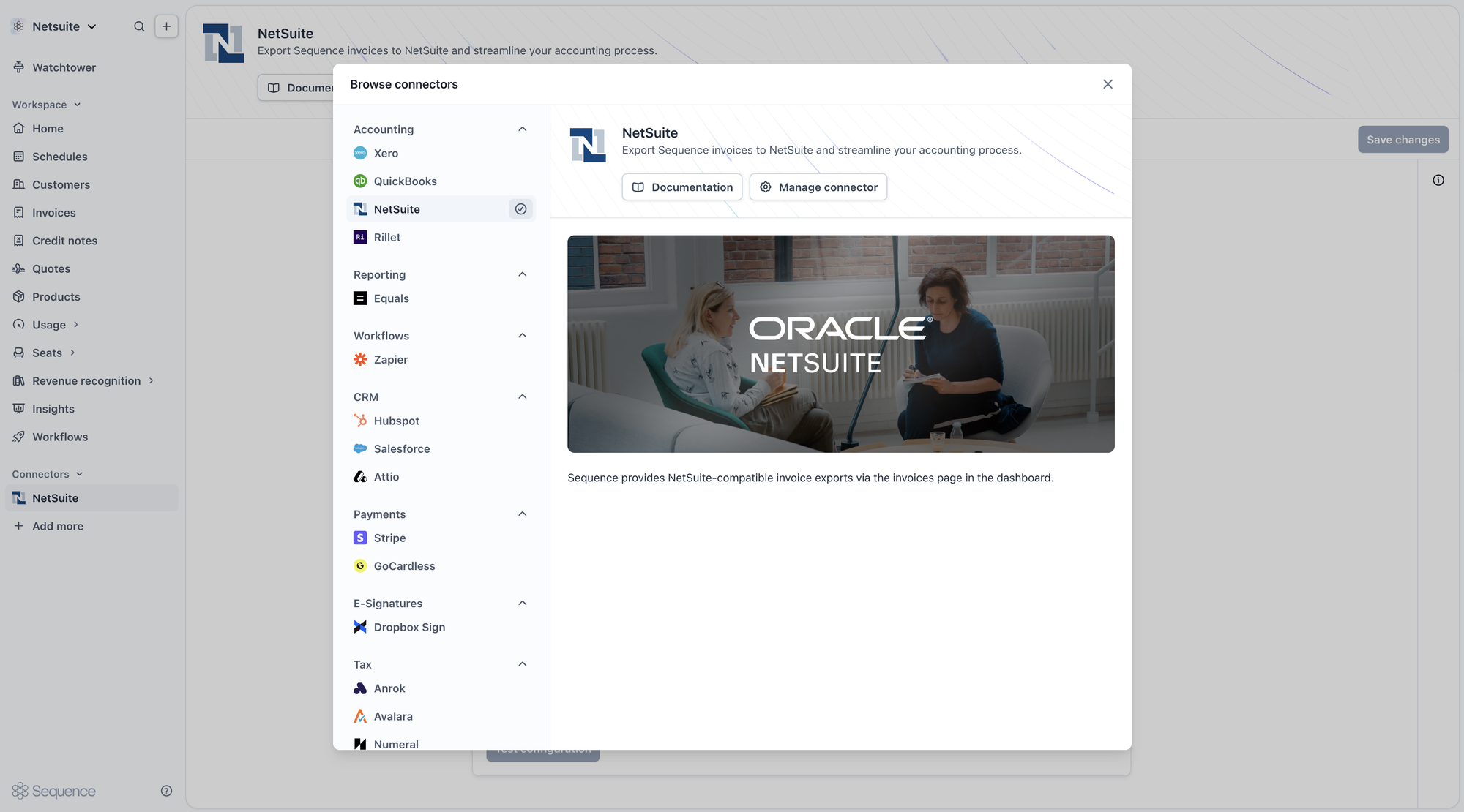 Selecting NetSuite from the Connectors list in Sequence