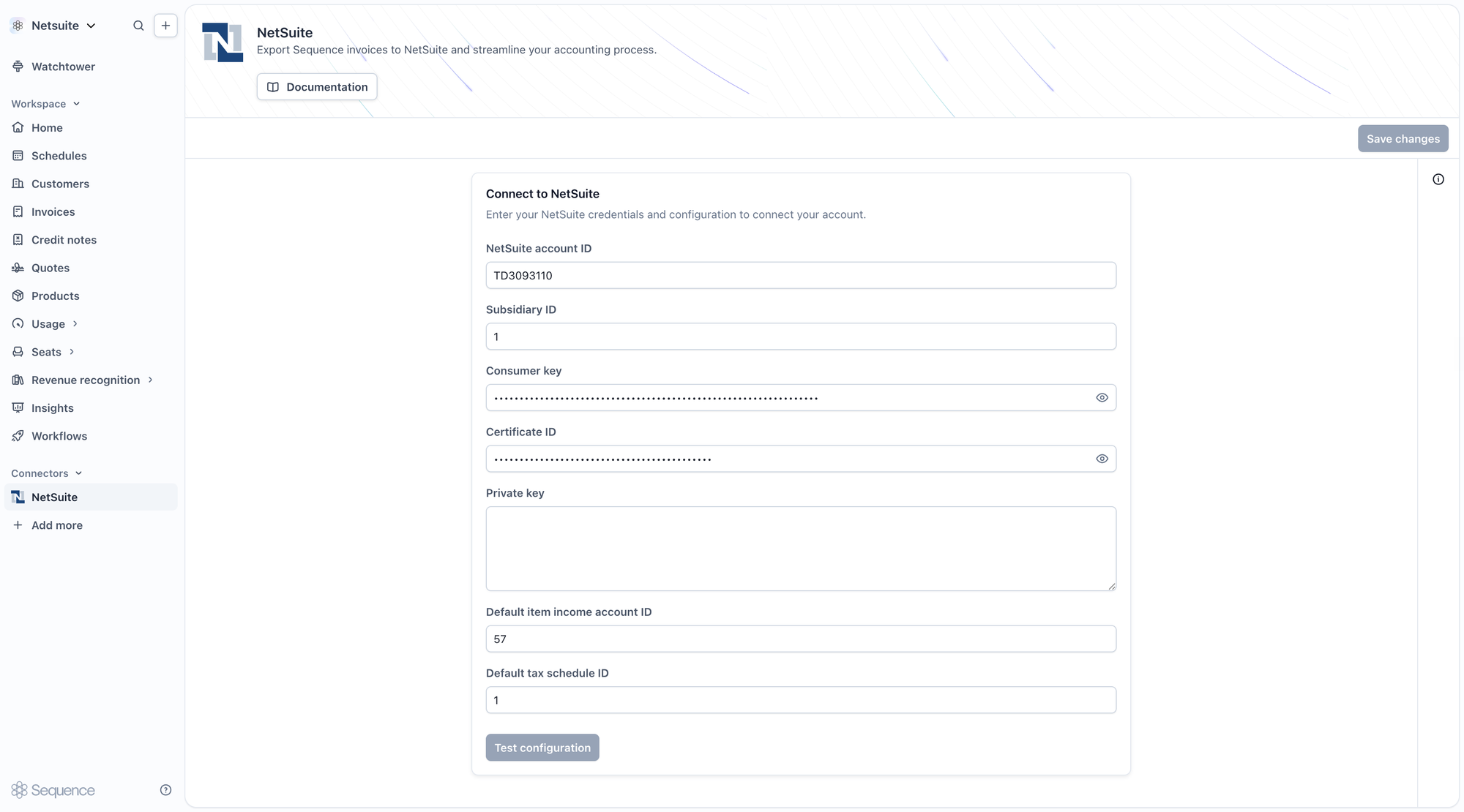 NetSuite connector settings in Sequence