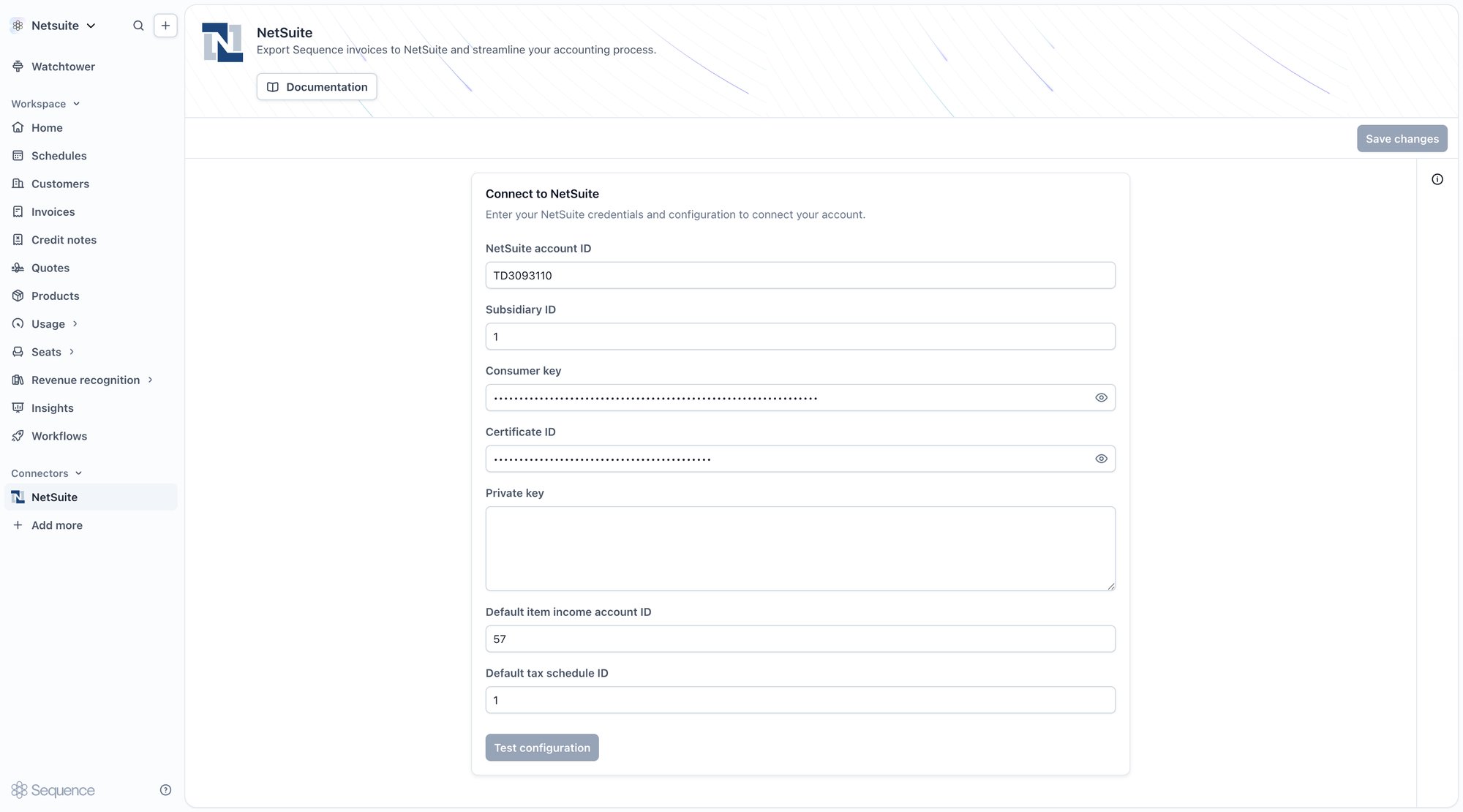 NetSuite connector settings in Sequence