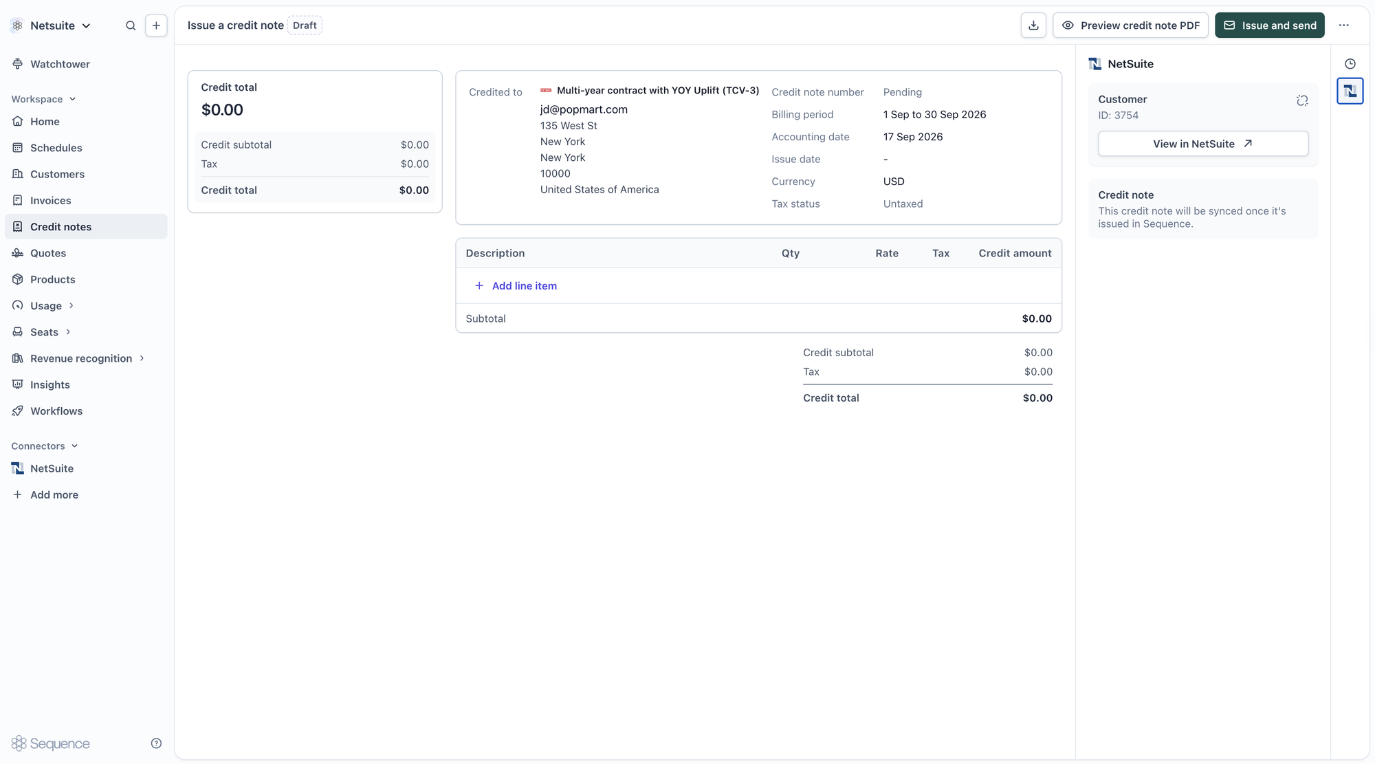 NetSuite panel on a draft Sequence credit note, showing it will sync once issued