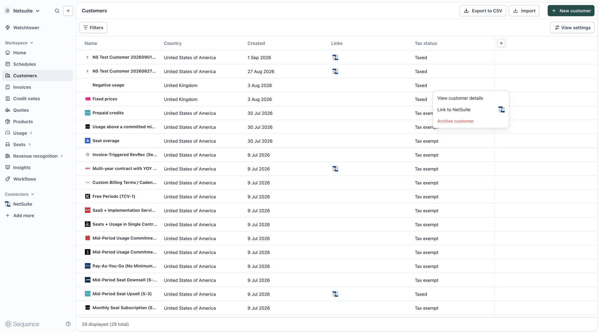 Link to NetSuite action on a customer row
