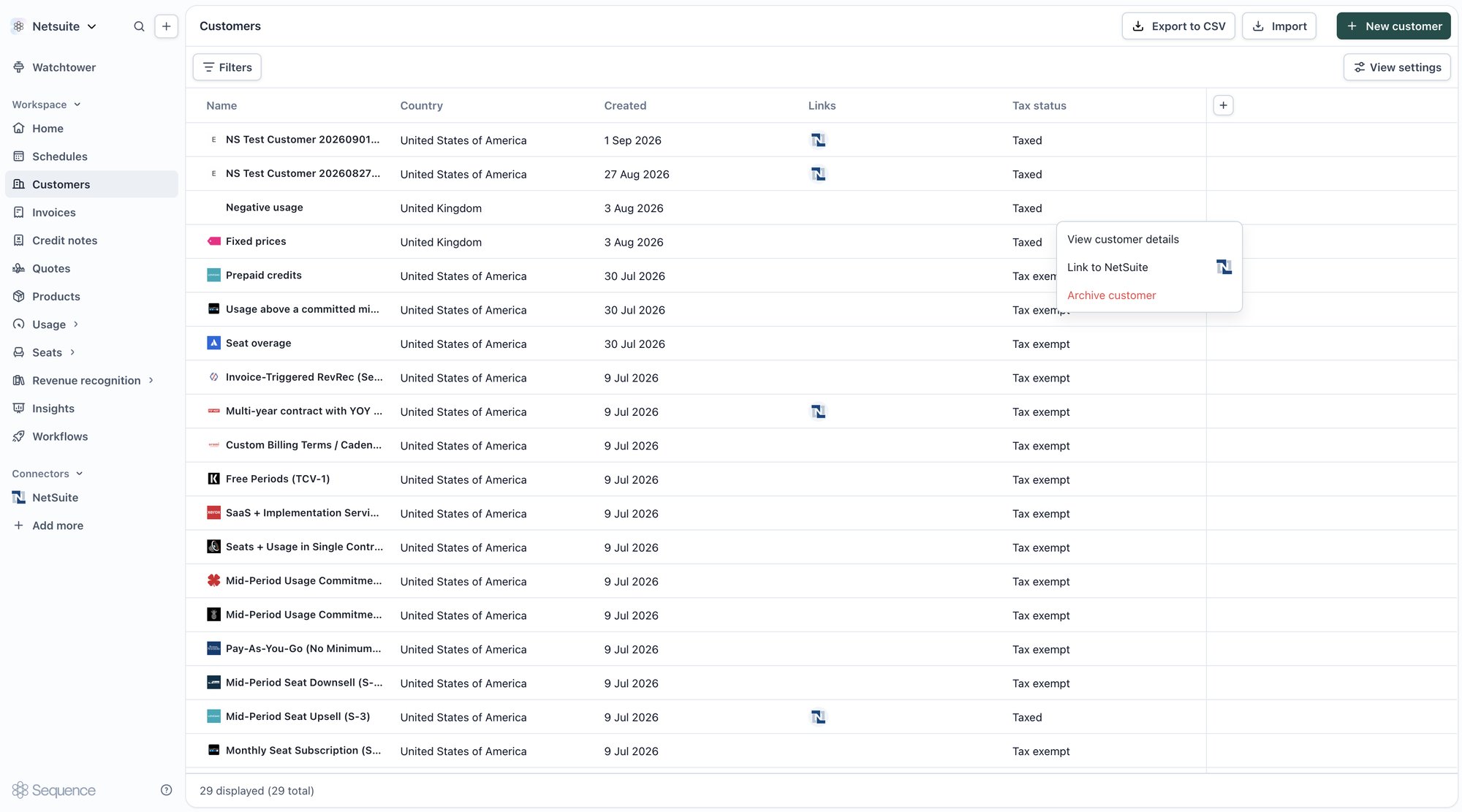 Link to NetSuite action on a customer row