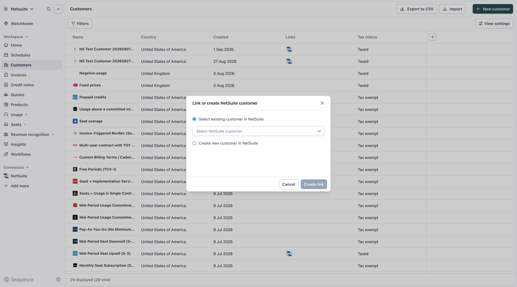 Link or create NetSuite customer dialog