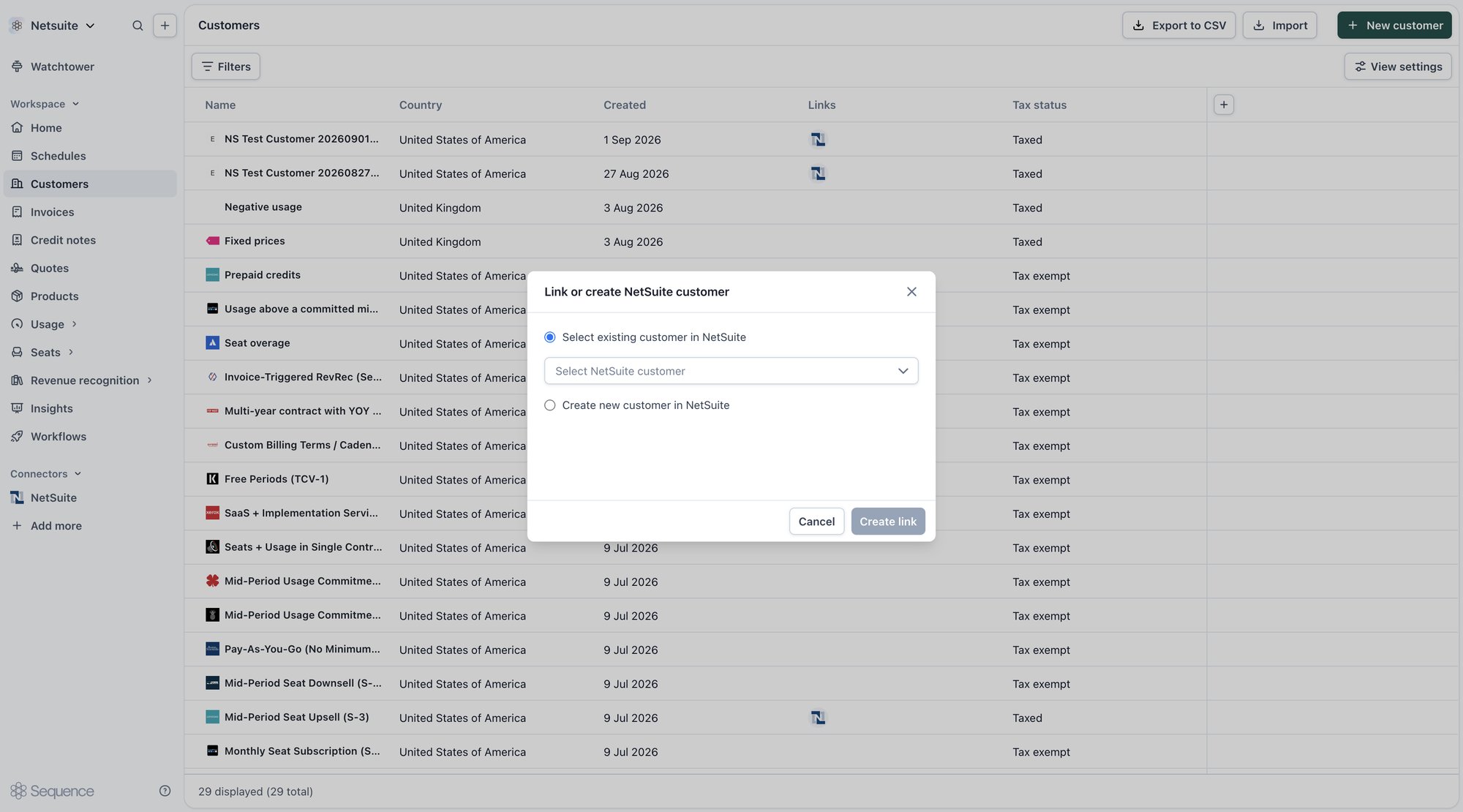 Link or create NetSuite customer dialog