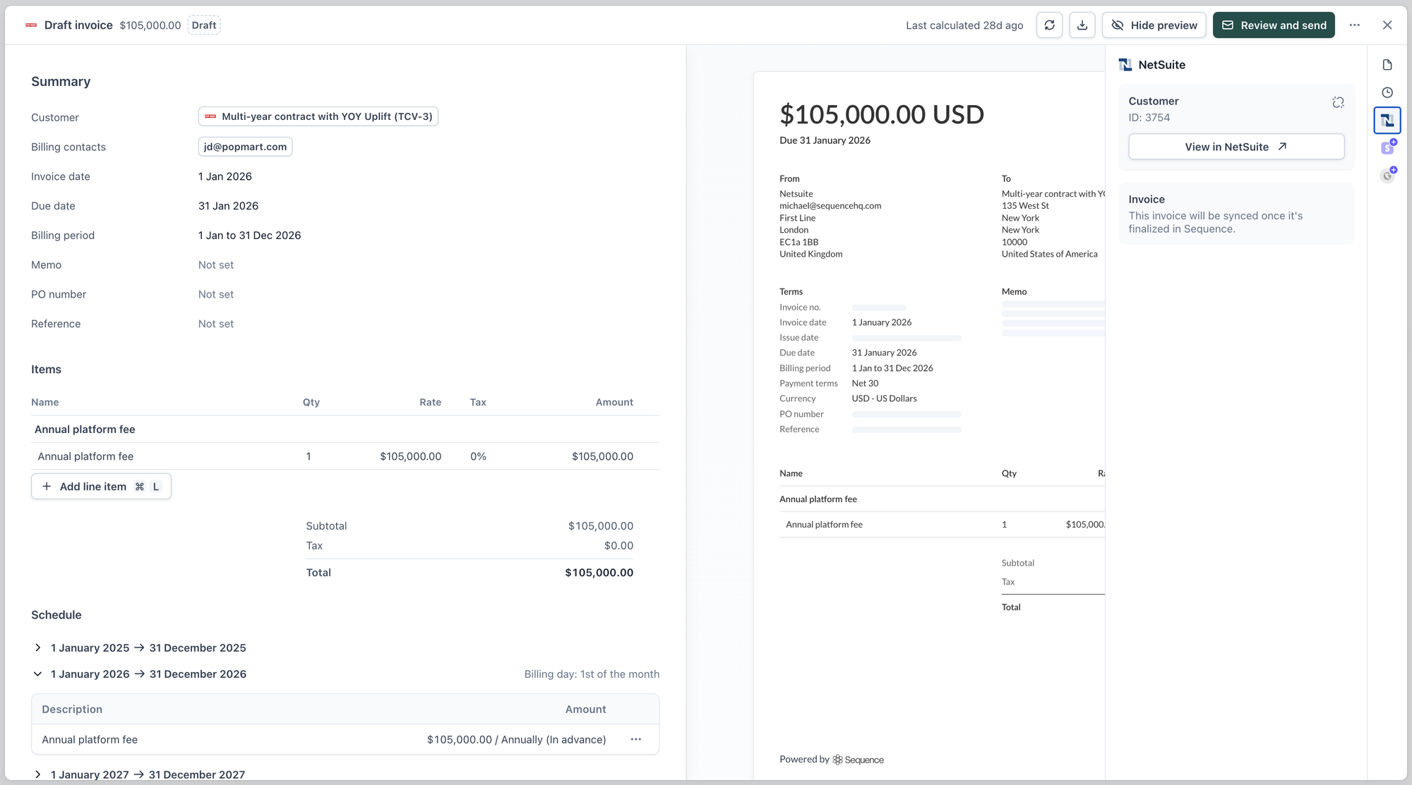 NetSuite panel on a draft Sequence invoice, showing it will sync once finalized
