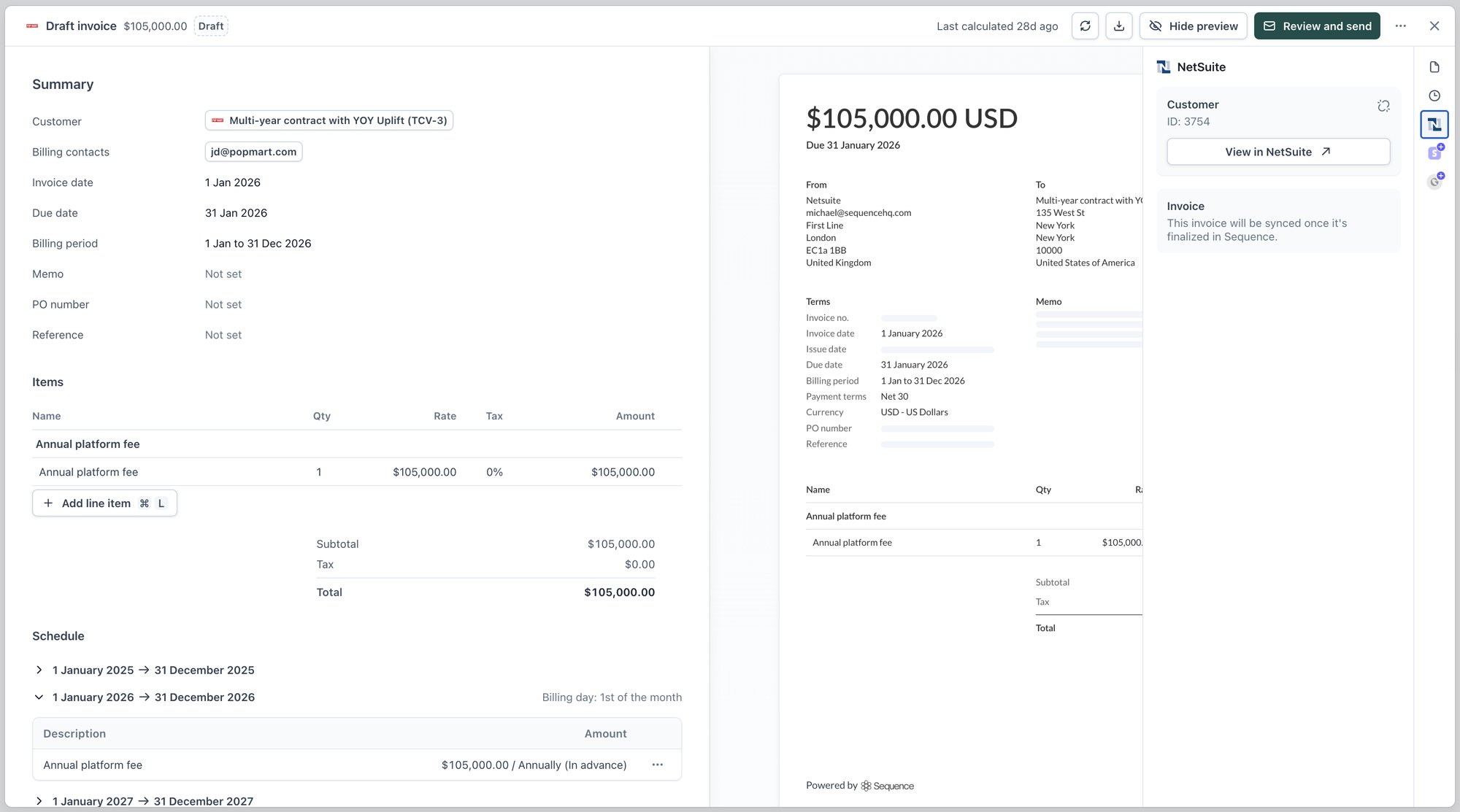 NetSuite panel on a draft Sequence invoice, showing it will sync once finalized