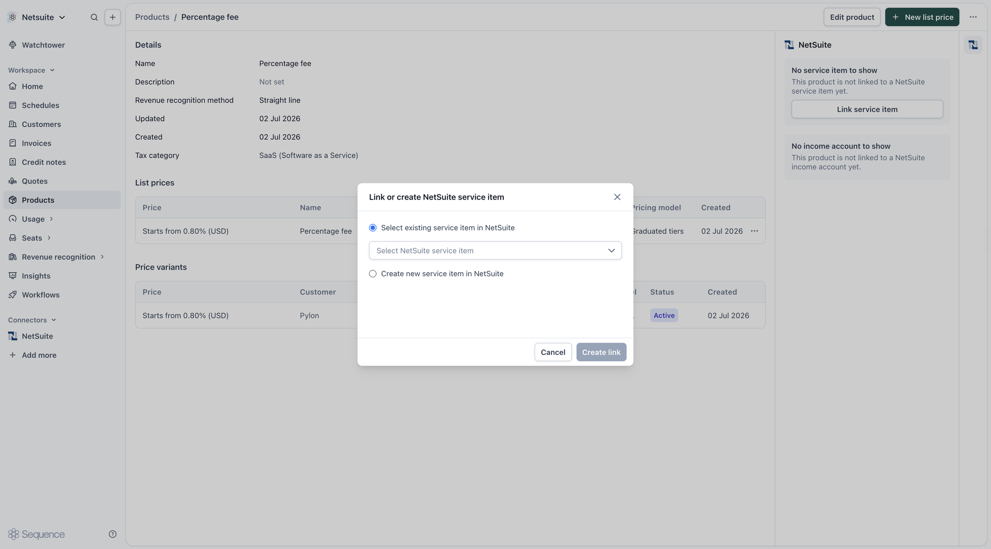 Link or create NetSuite service item dialog
