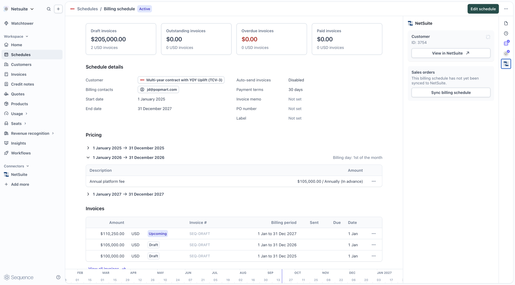 Billing schedule not yet synced to NetSuite, with the Sync billing schedule button