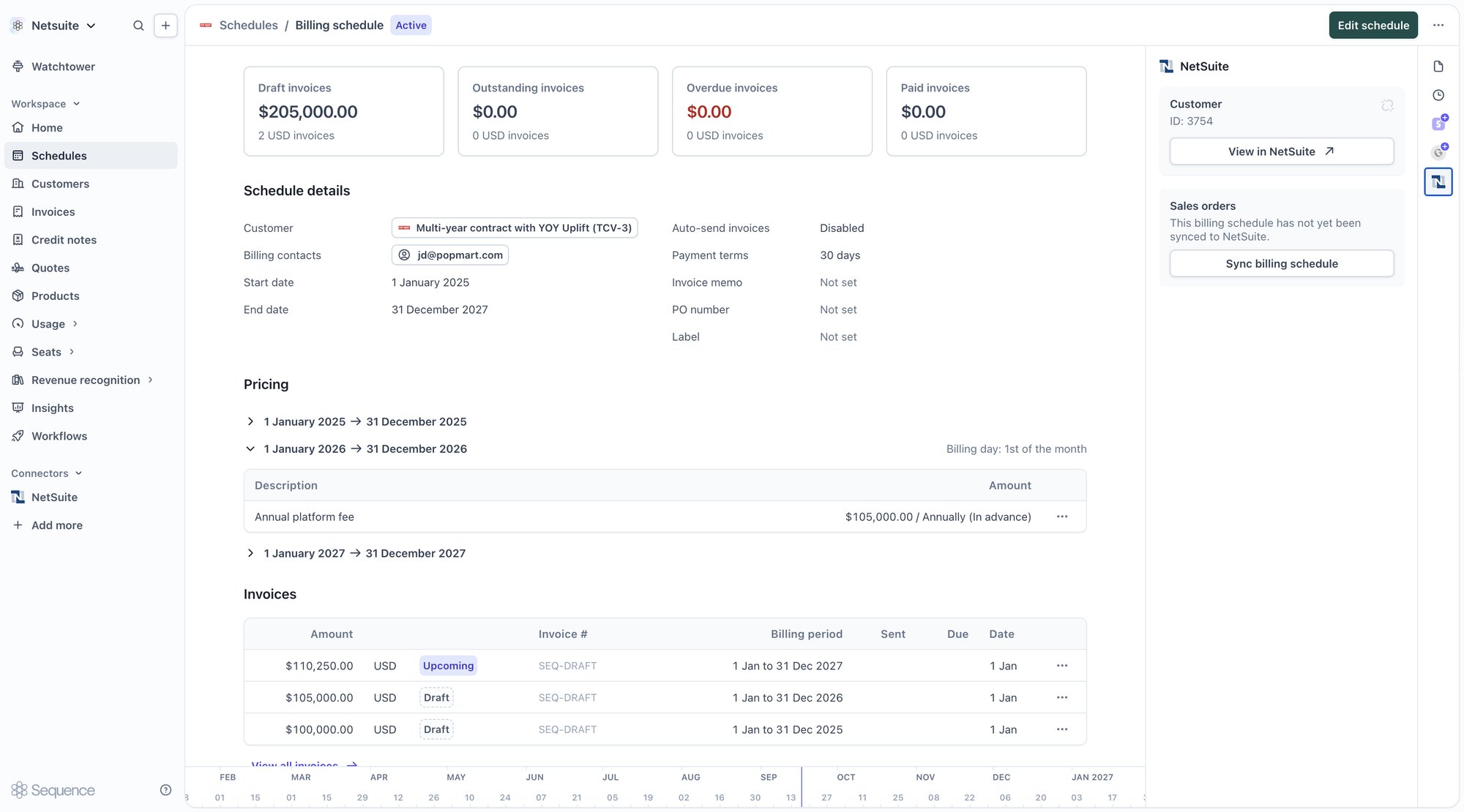 Billing schedule not yet synced to NetSuite, with the Sync billing schedule button