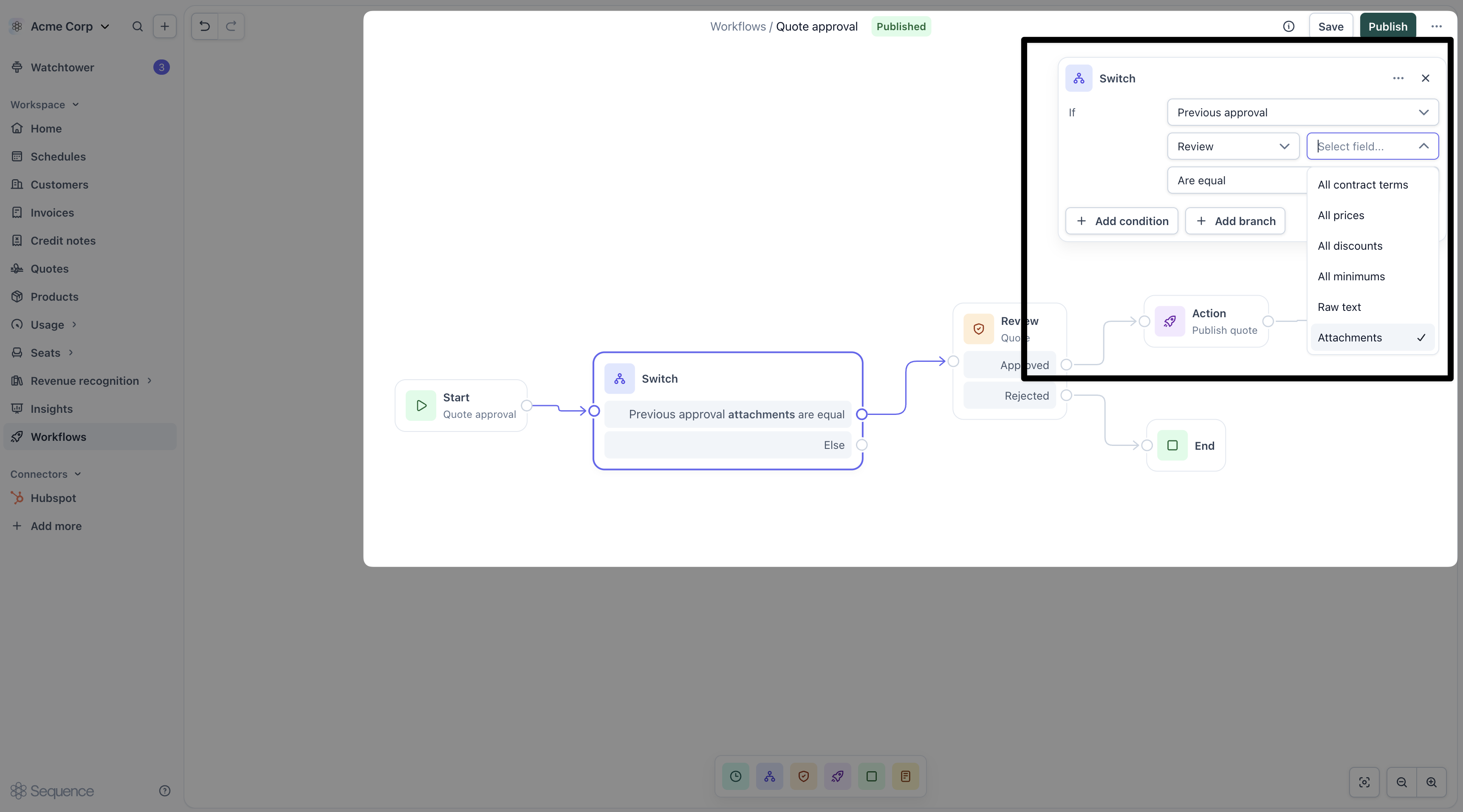 A Previous approval condition on a Switch node, comparing pricing against the last approved version